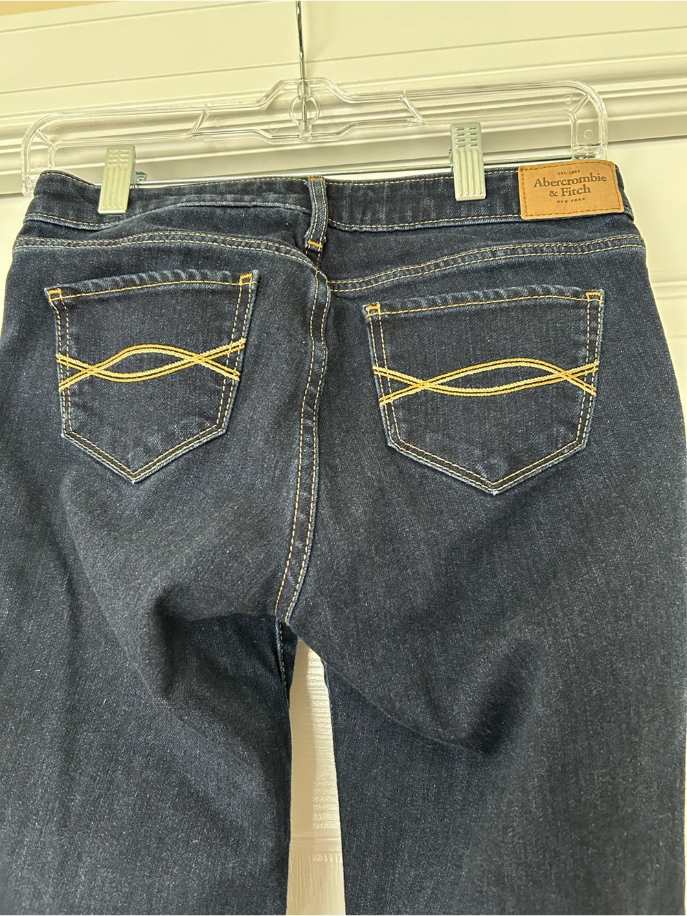 Abercrombie & Fitch Women’s Dark Indigo Straight Leg Jeans with Yellow Stitching